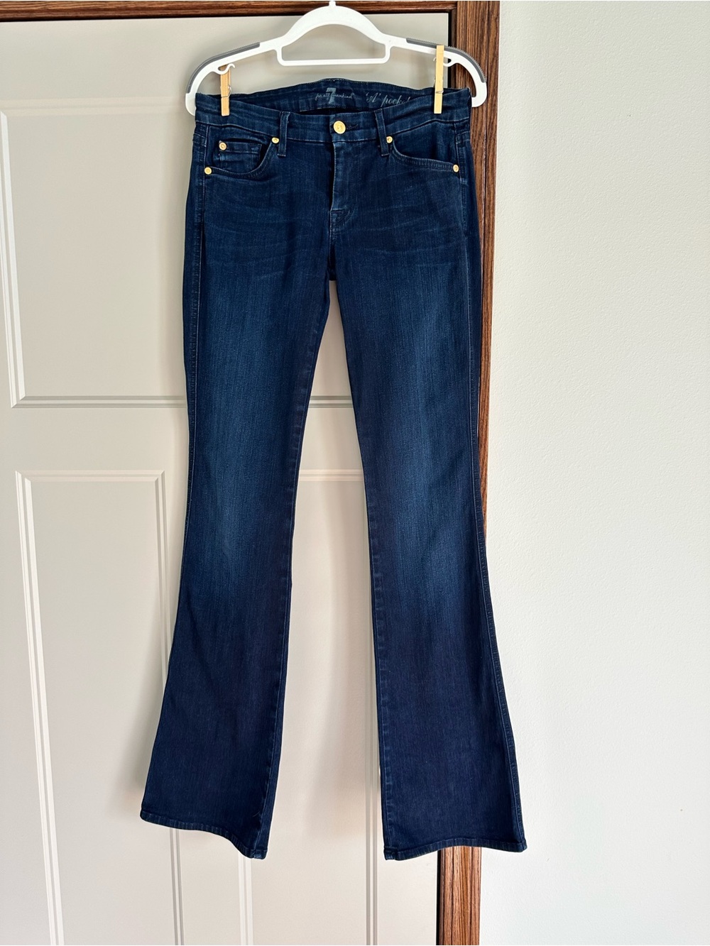 7 For All Mankind A Pocket Dark Blue Flared Boot Cut Low Rise Stretch Jeans sz28